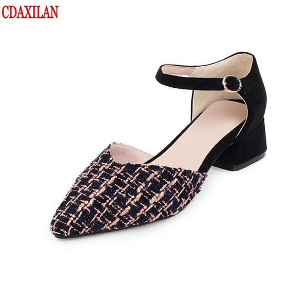 

cdaxialn new arrivals sandals women knitted cotton fabric pointed toe mid-empty buckle cover heel square heels sandals summer, Black