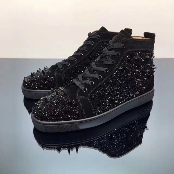 

black suede with spikes & strass high sneakers luxury red bottom shoes wedding dress casual walking party dress trainer eu35-47