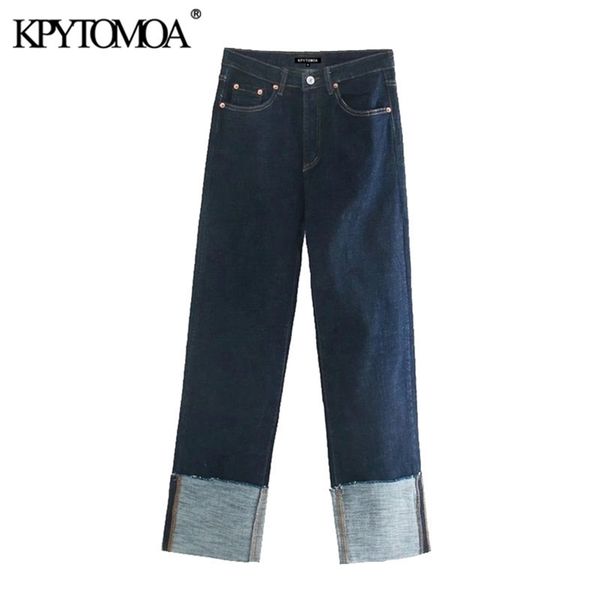 

kpytomoa women chic fashion folded up wide leg jeans vintage high waist zipper fly denim female trousers mujer 201223, Blue