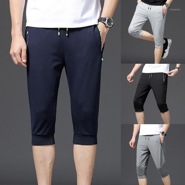 

2020 summer men's shorts casual breathable drawstring zipper pockets sports capri pants short pants new1, Black