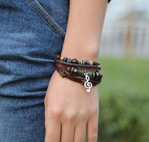

boho gypsy hippie black brown leather star g clef musical note metal charm wooden beads wrap layers a wmtann bdegarden, Golden;silver