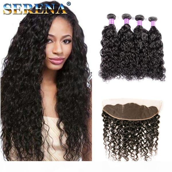 

wet and wavy brazilian human hair 4 bundles with closure pre plucked lace frontal closure with bundles brazilian water wave virgin hair, Black;brown