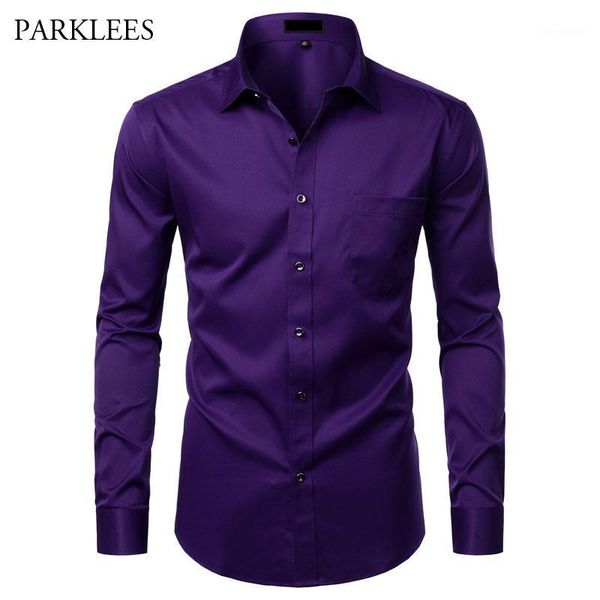 Camicie casual da uomo Camicia elegante in fibra di bambù da uomo viola Comoda manica lunga da uomo morbida Facile da pulire Lavoro formale per uomo1