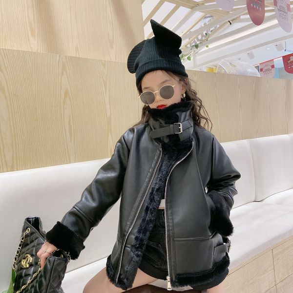 

girls' jacket 2021 autumn and winter new korean motorcycle clothes wild children's skin integrated thick warm skin tide, Blue;gray