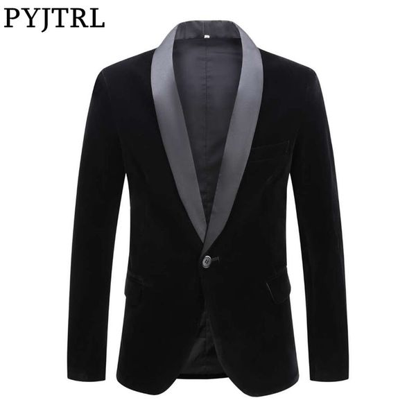 

pyjtrl male plus size classic black shawl lapel velvet blazer men fashion casual wedding groom slim suit jacket singers costume 201006, Black;brown