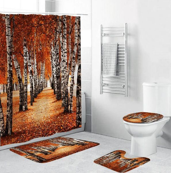 

autumn fallen leaves forest durable fabric shower curtains bathroom curtain anti-skid rugs toilet lid cover bath mat home decor1