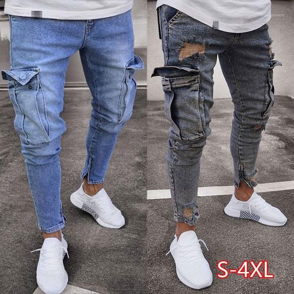 

men's jeans mens skinny trend knee hole zipper pocket denim biker hip hop distressed slim elastic washed1, Blue