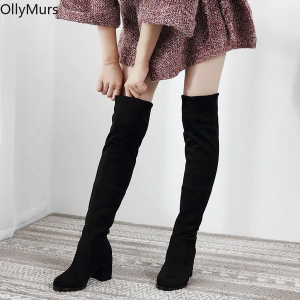 

slim fit elastic flock over the knee boots women shoes 2020 autumn winter ladies high heel overknee long thigh high botas, Black
