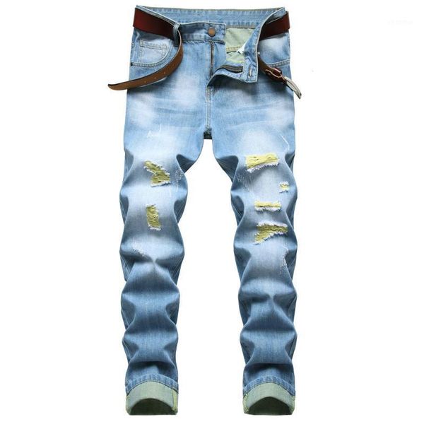 

fashion boys autumn winter casual ripped blue jeans cotton men's straight slim fit denim trousers handsome retro wash jean pants1