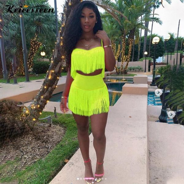 

kricesseen neon green fringed crop and high waist skirt set two piece womens clothing set rave outfits clubwears wholesale1, White