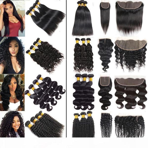 

wholesale price brazilian virgin hair straight bundles with frontal body deep wave human hair bundles with closures 34 36 40 long extensions, Black;brown