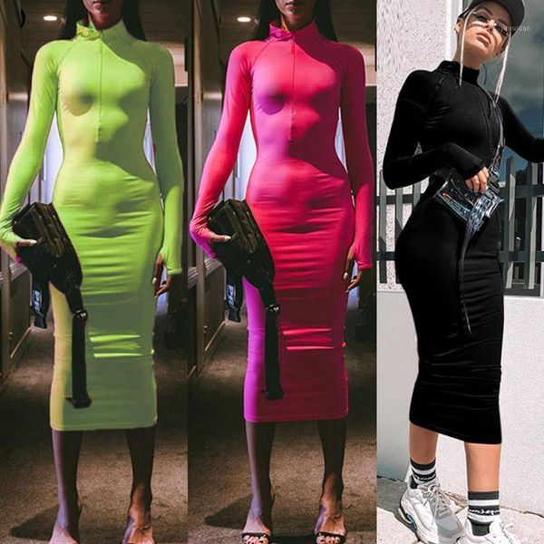 

2020 neon green midi dresses half open zip collar straight solid long dress women long sleeve turtleneck tight black dress1, Black;gray