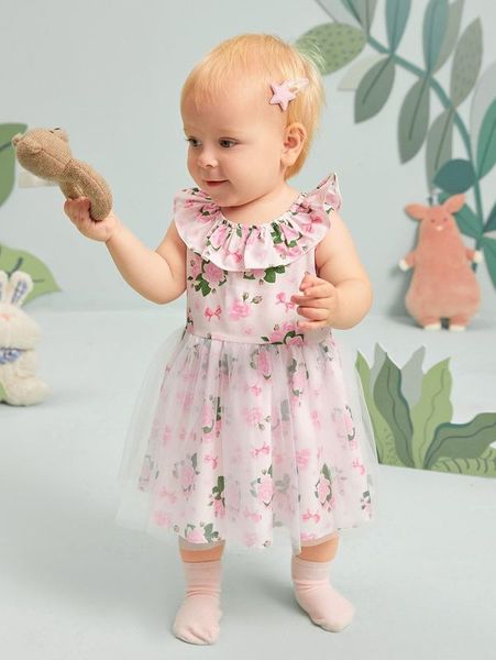 

baby floral print ruffle mesh hem dress she, Red;yellow