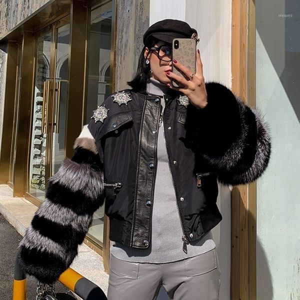 

high street luxury fur sleeves patchwork sheepskin jackets genuine leather diamonds womens short coats plus size1, Black