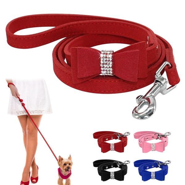 

seude leather dog leash rope small medium dogs walking lead leashes strap bling rhinestone bowknot accessories pet suppl wmtlwn