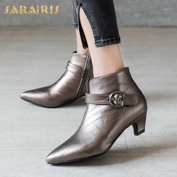 

sarairis 2020 strange style ankle boots woman shoes zip up pointed toe wholesale office ladies boots short plush female1, Black