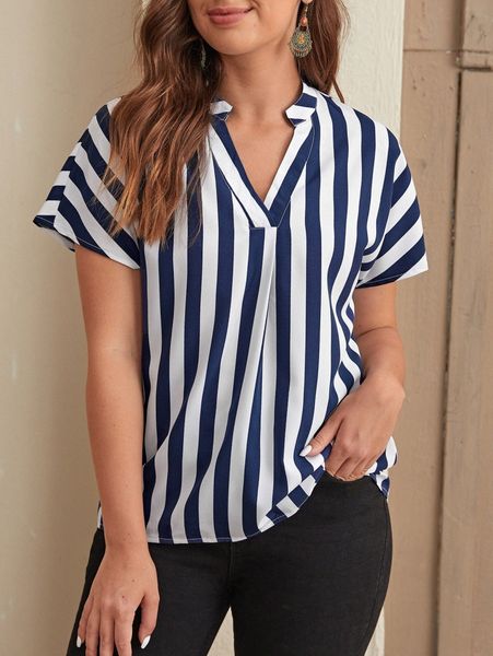 

notch neck striped blouse c8ty#, White