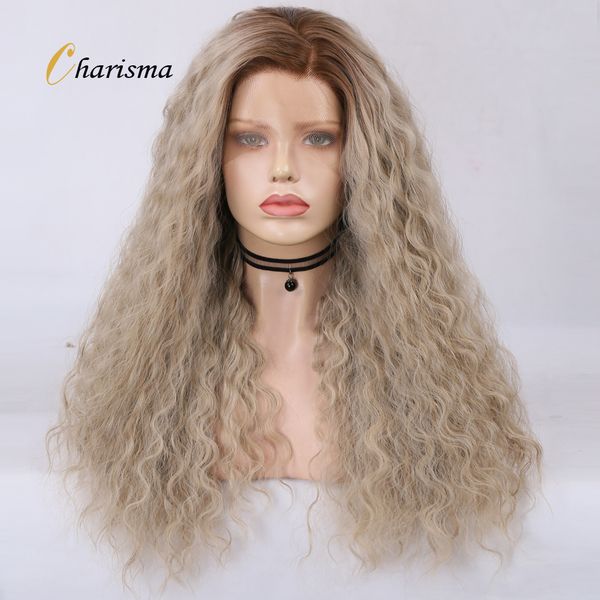 

costume accessories synthetic lace front wigs ombre ash blonde wig natural curly wave lace front wigs for black women brown roots lace wig, Silver