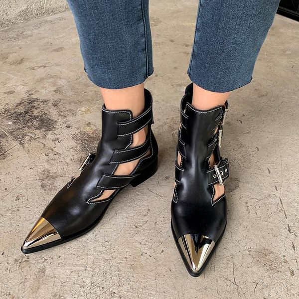 

2020 autumn boots women's shoes genuine leather metal fasteners pointed toe buckle straps handsome ankle boots, Black