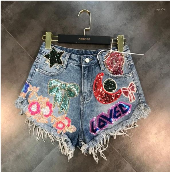 

2020 new fashion summer shiny moon star heavy sequins denim shorts women girls high waist jeans shorts pants students1, Blue