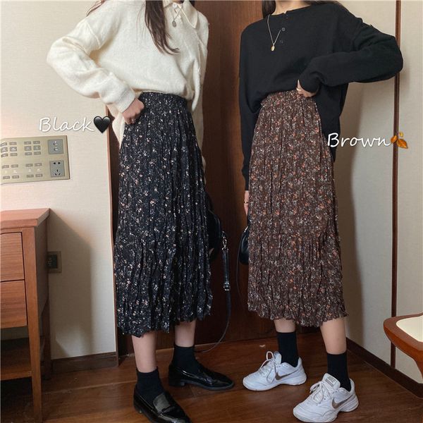 

vintage autumn floral print ruffle pleated long skirts winter women korean skirt streetwear drawstring elastic waist midi skirt cx200703, Black