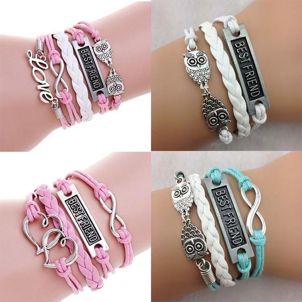 

friend double owl heart love charm wrap bracelets braid gifts for women men girl bracelet jewelry, Golden;silver
