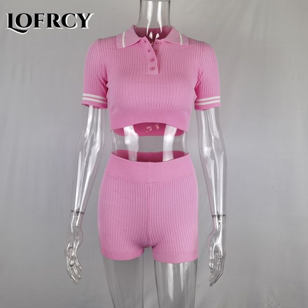 

lofrcy ribbed knitted bodycon two piece set leisure sports suit women short sleeve and biker shorts matching set outfits t200702, White