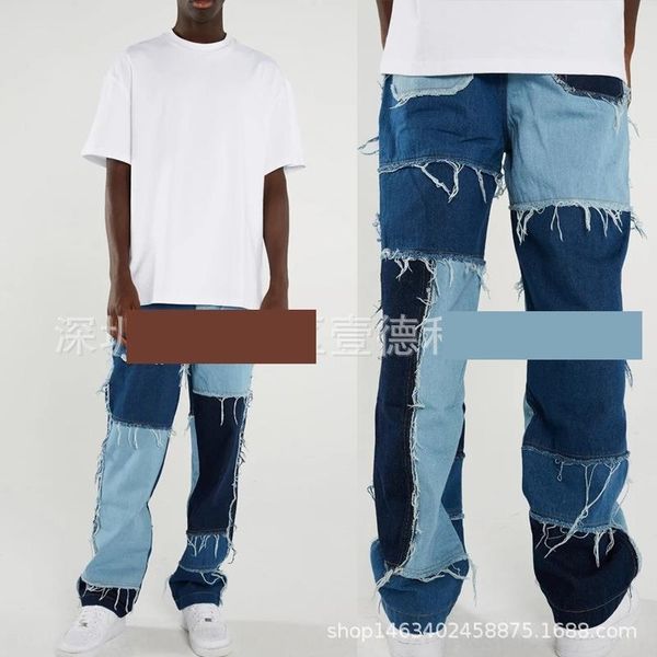 

t3es men039;s trousers slim print jeans straight flower fashion white denim pants long sokotoo, Blue