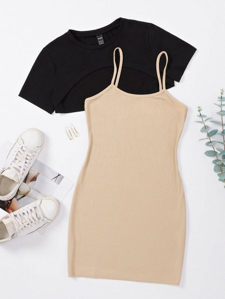 

solid crop tee & cami bodycon dress z9lz#, White