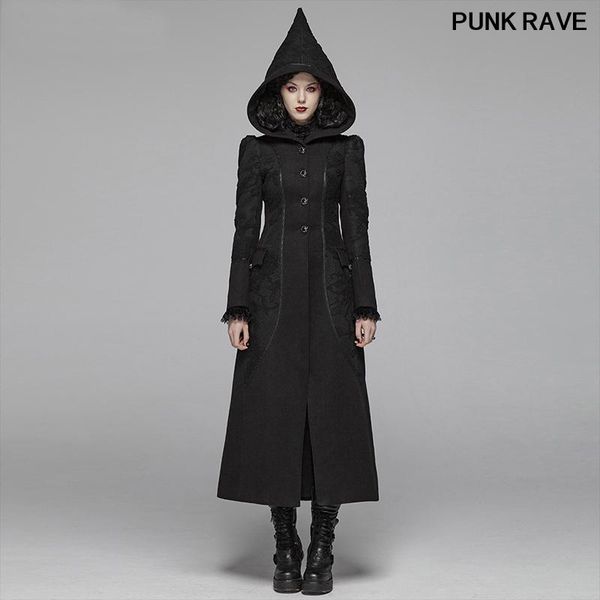 

halloween party club fashion women hooded trench coat gothic warm thickened woolen lace splice long jacket punk rave wy-1046lcf, Tan;black