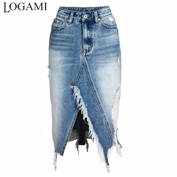 

logami ripped denim skirts womens asymmetrical pencil jean skirt ladies high split midi skirt plus size 2xl 3xl lj200820, Black