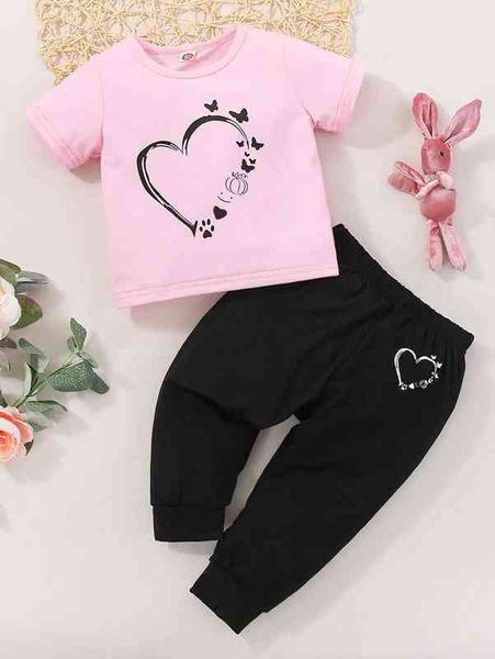 

baby butterfly & heart print tee & sweatpants she, White