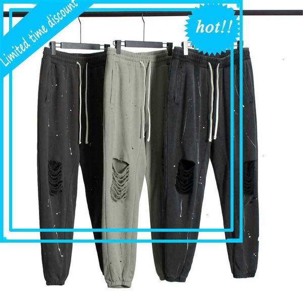 

distressed black broken sweatpants paint splatter jogger pants autumn men streetwear