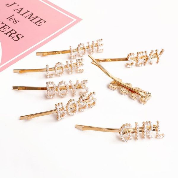 

2019 new fashion letter word pearl crystal hairpin hairgrip hairclips hair clip barrette ornament hair acc qylzju, Black;brown