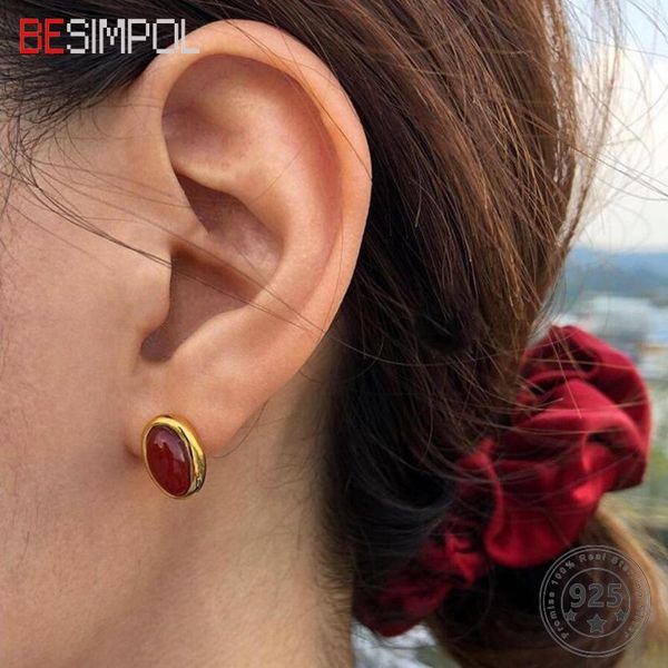 

besimpol genuine 925 sterling silver stud earrings vintage cool red agate earrings for women simple luxury fine jewelry gift, Golden;silver