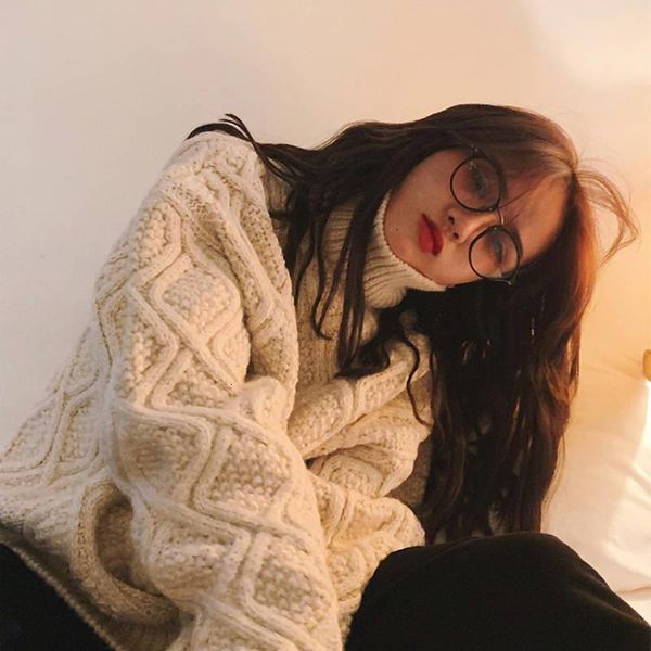 

new solid-colored 2021 thick collar high female sweater student fall and lazy winter wind loose knitted jacket hofq, White;black