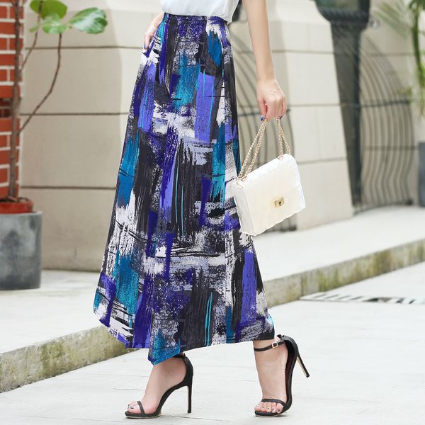 

2021 new summer women pants wide leg pants ankle-length trousers print elastic waist casual pockets pleated mid broadcloth oumu, Black;white