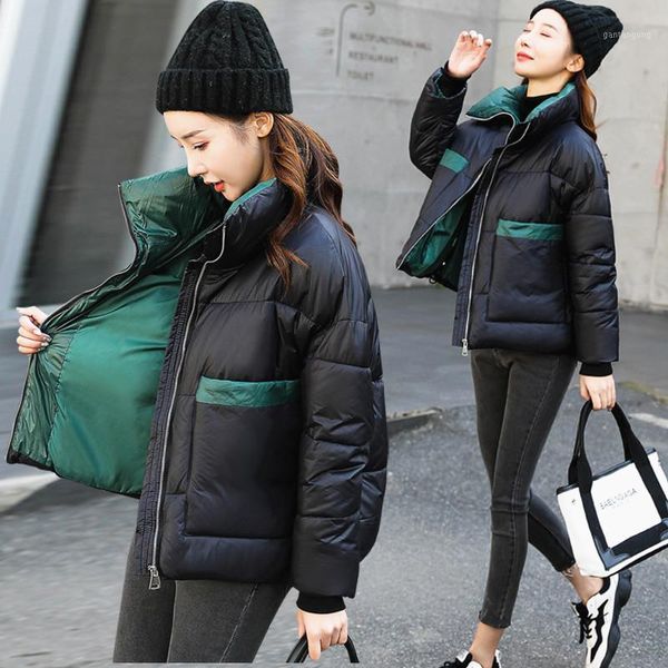 

2020 new winter women fashion cotton padded jacket female stand collar coat black patchwork green short oversized parkas a4051