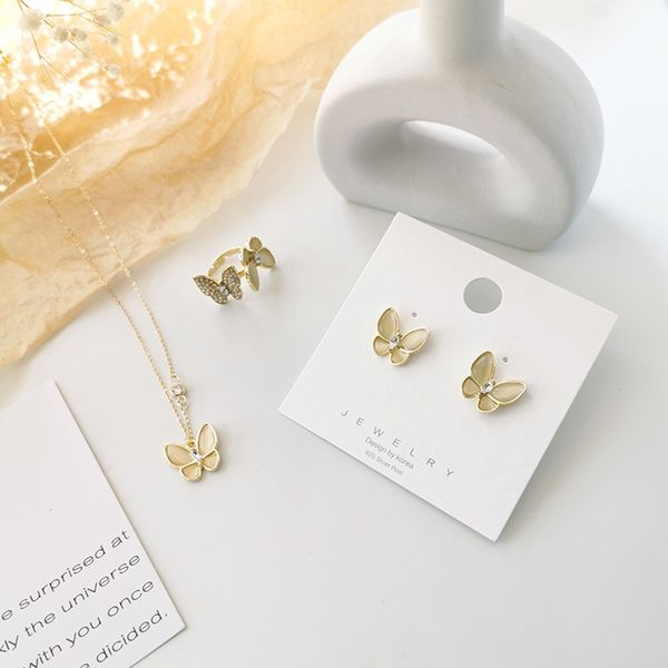 

little fairy luxury opal butterfly earrings rhinestone earrings female temperament retro necklace clavicle chain ring, Silver