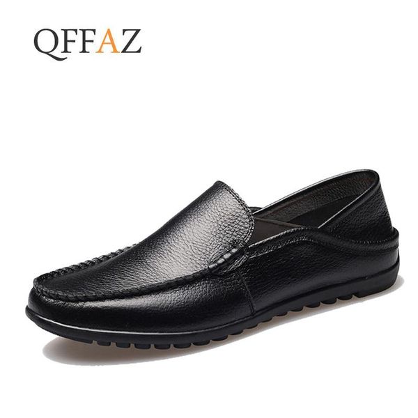 

qffaz men casual shoes fashion men shoes genuine leather loafers moccasins slip on men's flats, Black