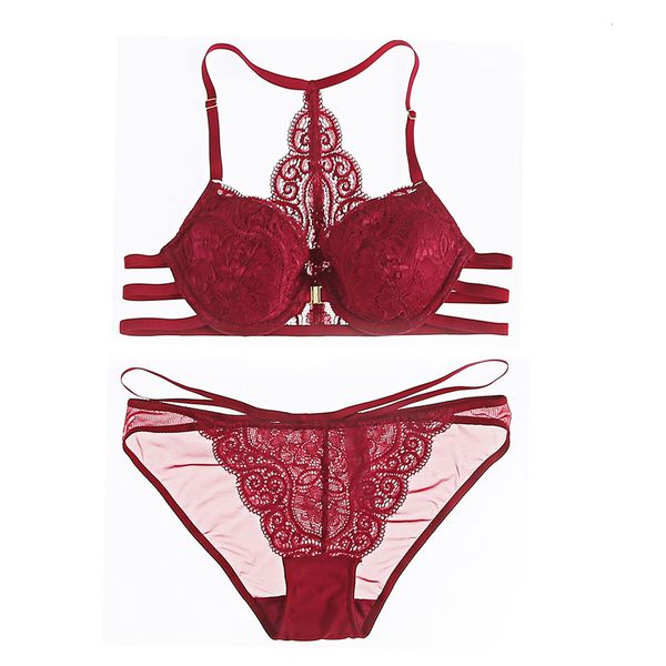 

y-type front button back bra suit small chest gathered lace underwear, Red;black