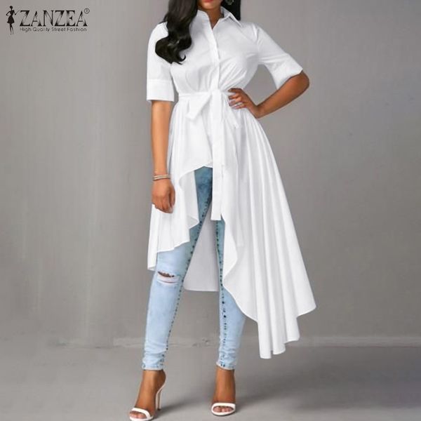 

fashion belt high low blouse zanzea summer tunic solid asymmetrical shirt vestidos women casual short sleeve blusas chemise y200622, White