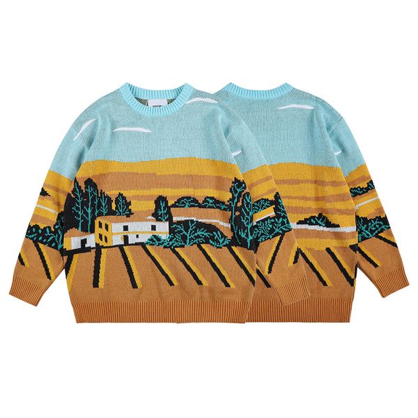 

autumn winter europe countryside garden painting sweater men women casual wool street sweatshirt jumper, White;black
