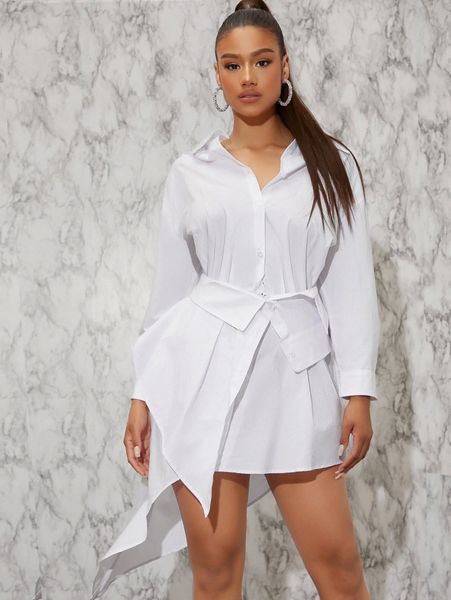 

drop shoulder asymmetrical hem shirt dress w3sn#, Black;gray