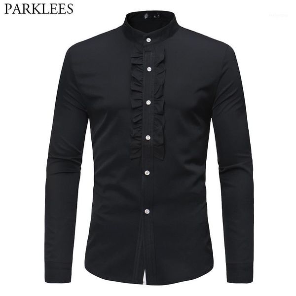 

mens hipster ruffle mandarin collar dress shirts slim fit long slevee tuxedo shirt men dinner wedding married groom male1 men's, White;black