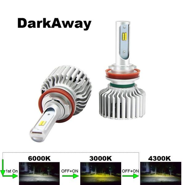 

darkaway 3 colors in 1 car headlight h7 h4 led h8/h11 3/9005 4/9006 h1 880 60w 6000lm auto bulb headlamp 6000k 3000k 4300k
