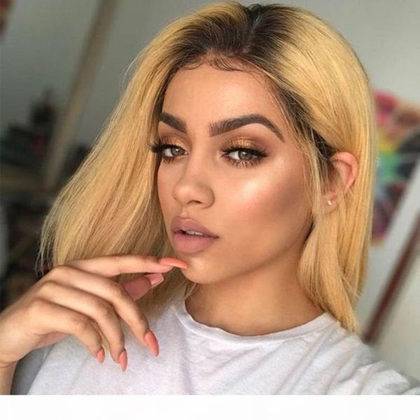 

13x4 honey blonde фронт шнурок человеческих волосы парики t1b 27 цвет короткого боб бразильского реми волос парик черный корень отбеленные с, Black
