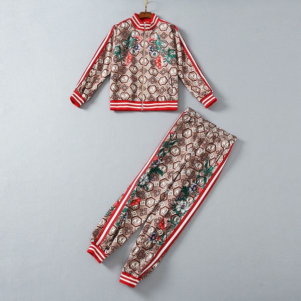 

european and american women's wear 2020 winter new style long sleeve zipper jacket printed pants fashion suits, White