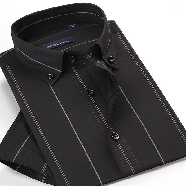 

summer casual short sleeve vertical striped shirt pocket-less design standard-fit button-down men's thin blouse shirts1, White;black
