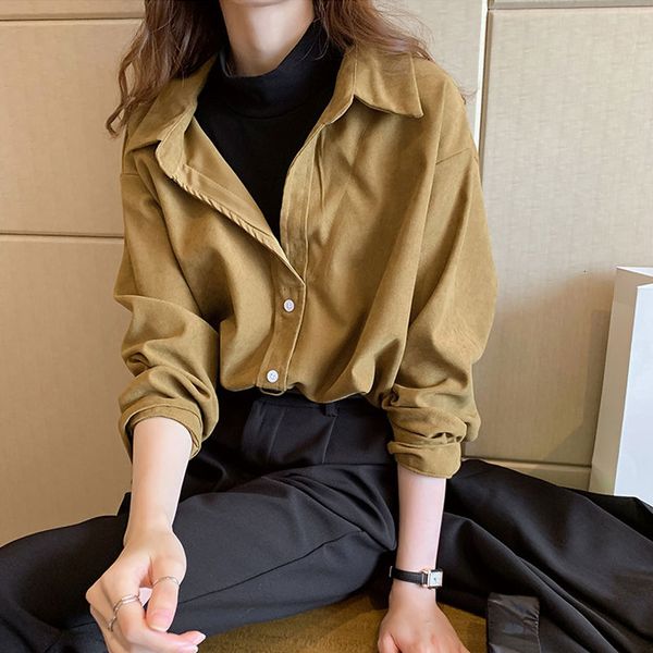 

2021 new long sleeve false two shirts autumn corduroy solid women's shirt turn down collar blouse ceoz, White